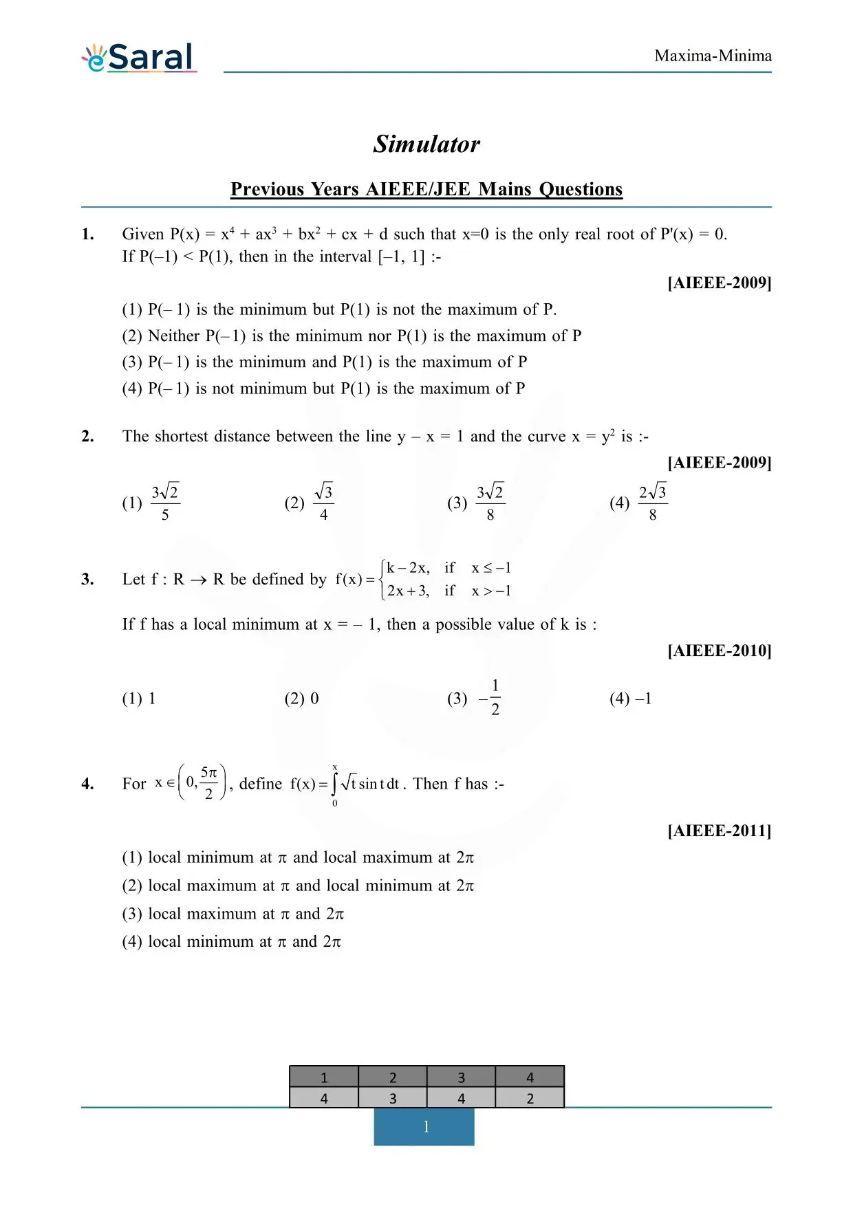Maxima-Minima -  JEE Main Previous Year Question with Solutions