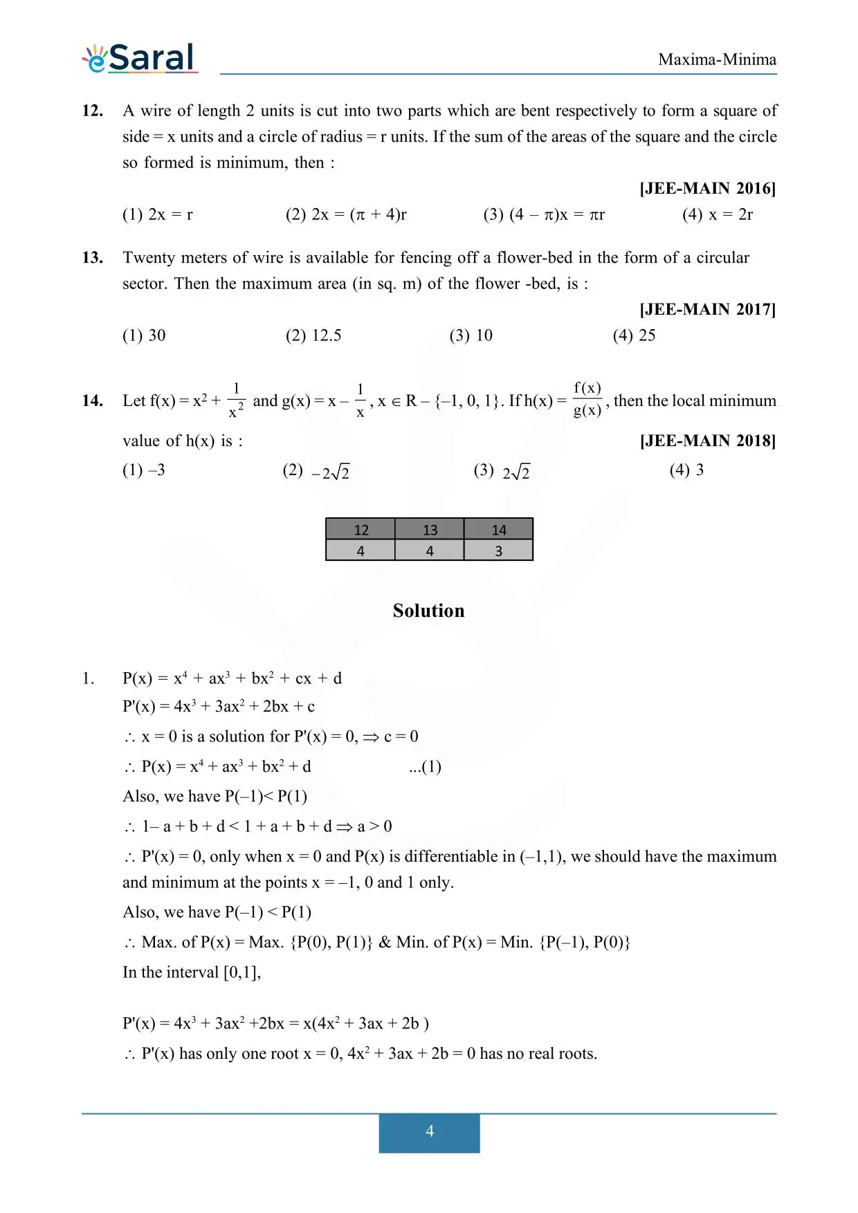 Maxima-Minima -  JEE Main Previous Year Question with Solutions