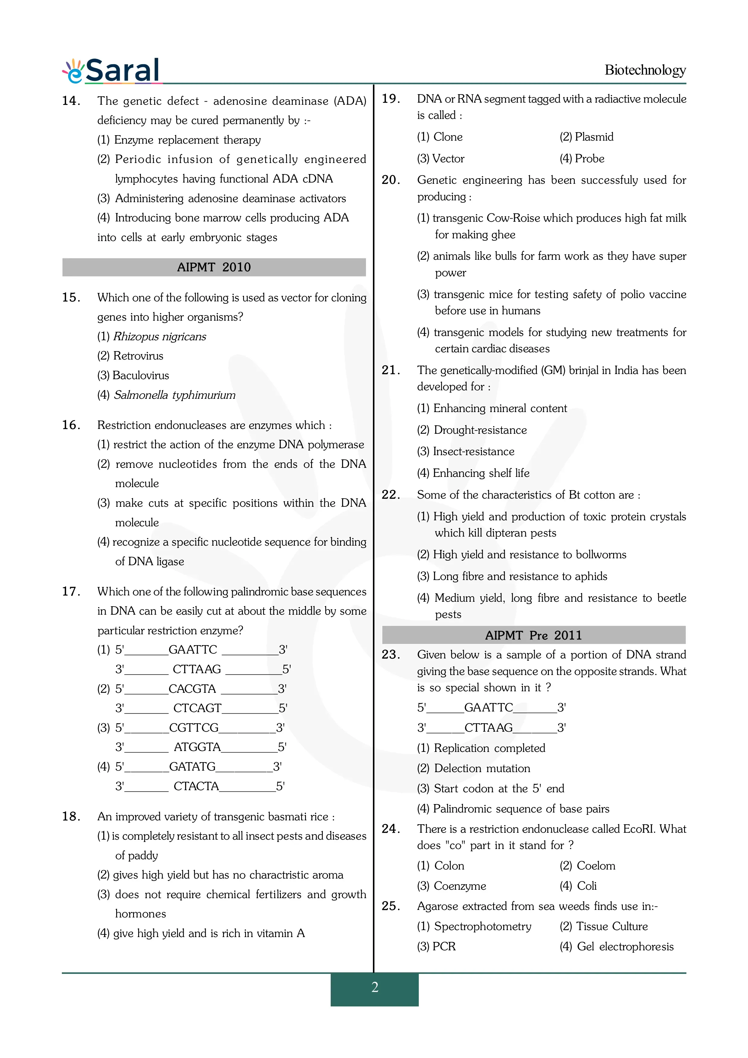 Biotechnology - NEET Previous Year Questions with Complete Solutions