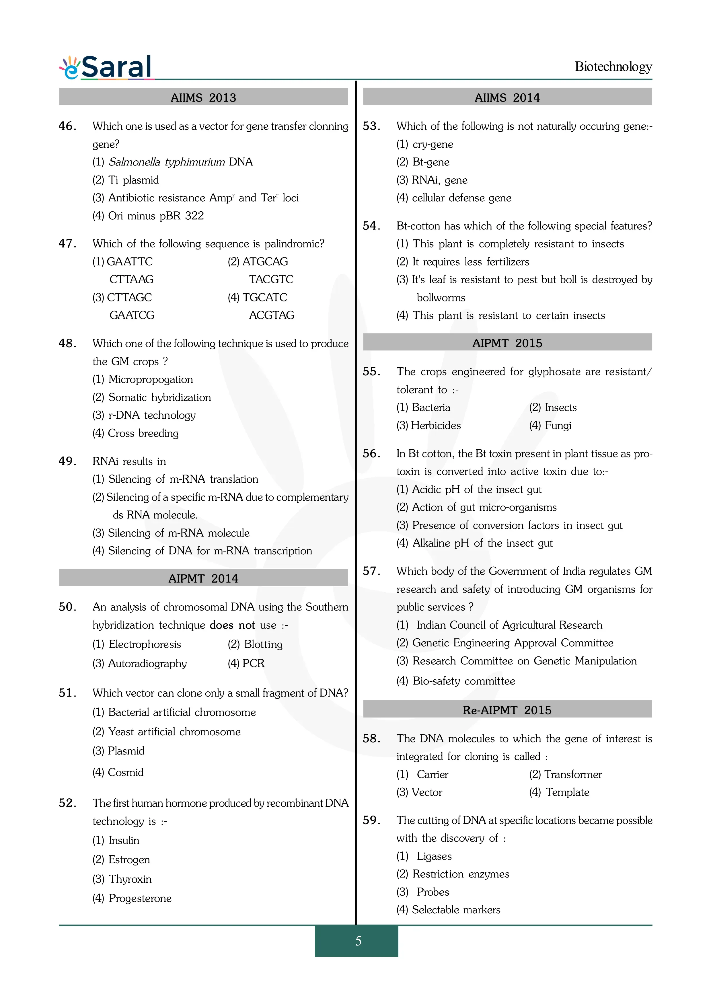 Biotechnology - NEET Previous Year Questions with Complete Solutions