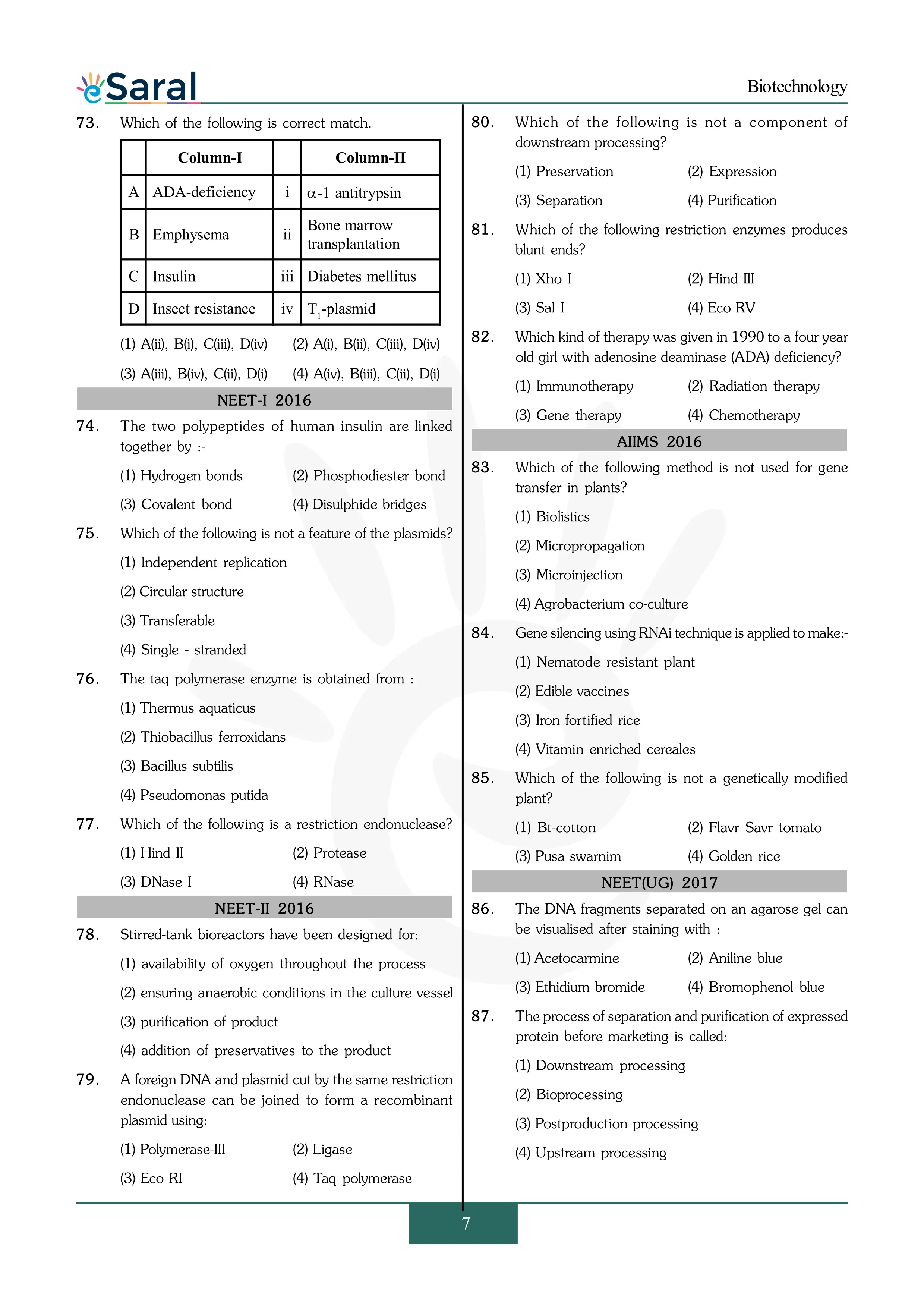 Biotechnology - NEET Previous Year Questions with Complete Solutions