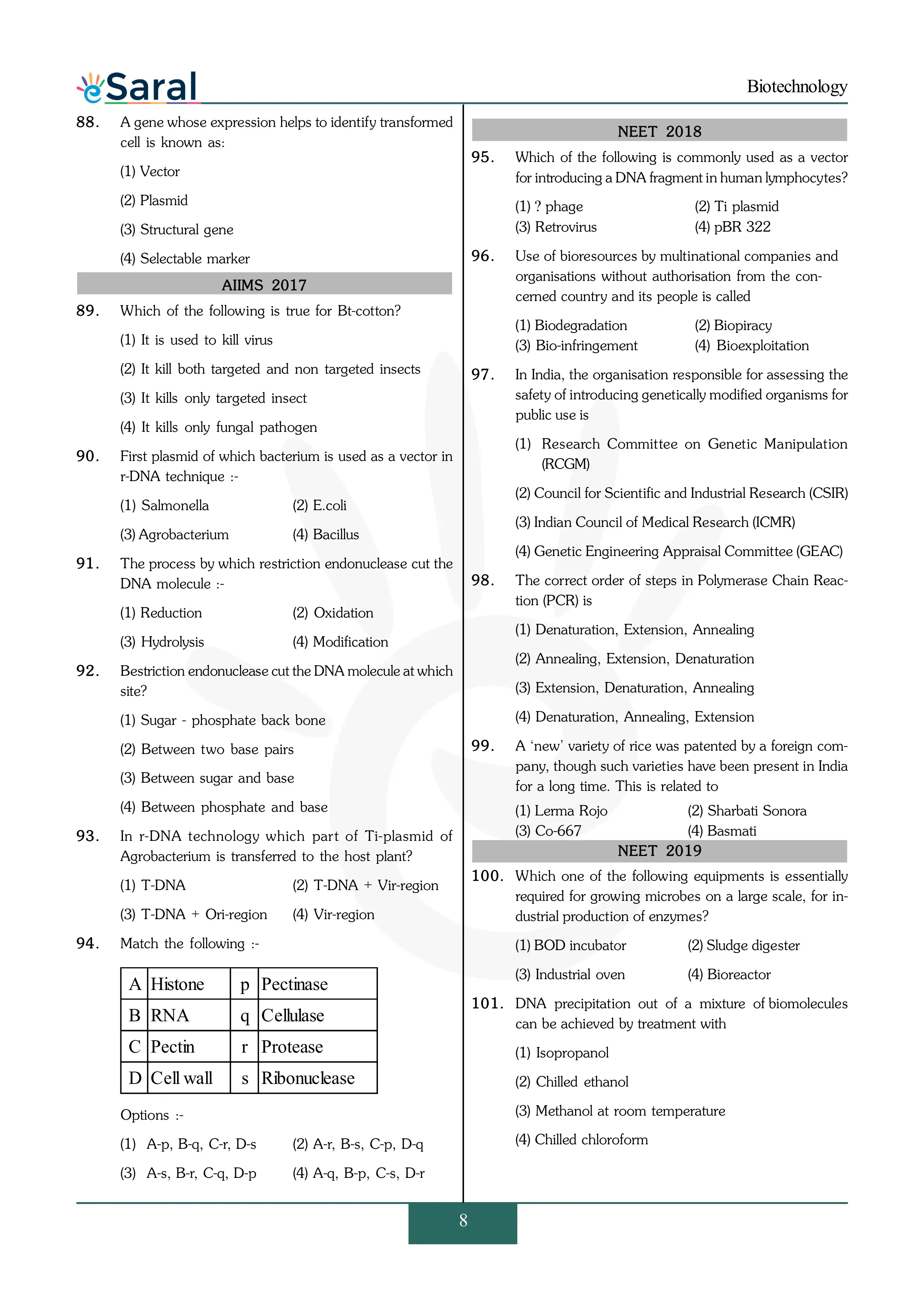 Biotechnology - NEET Previous Year Questions with Complete Solutions