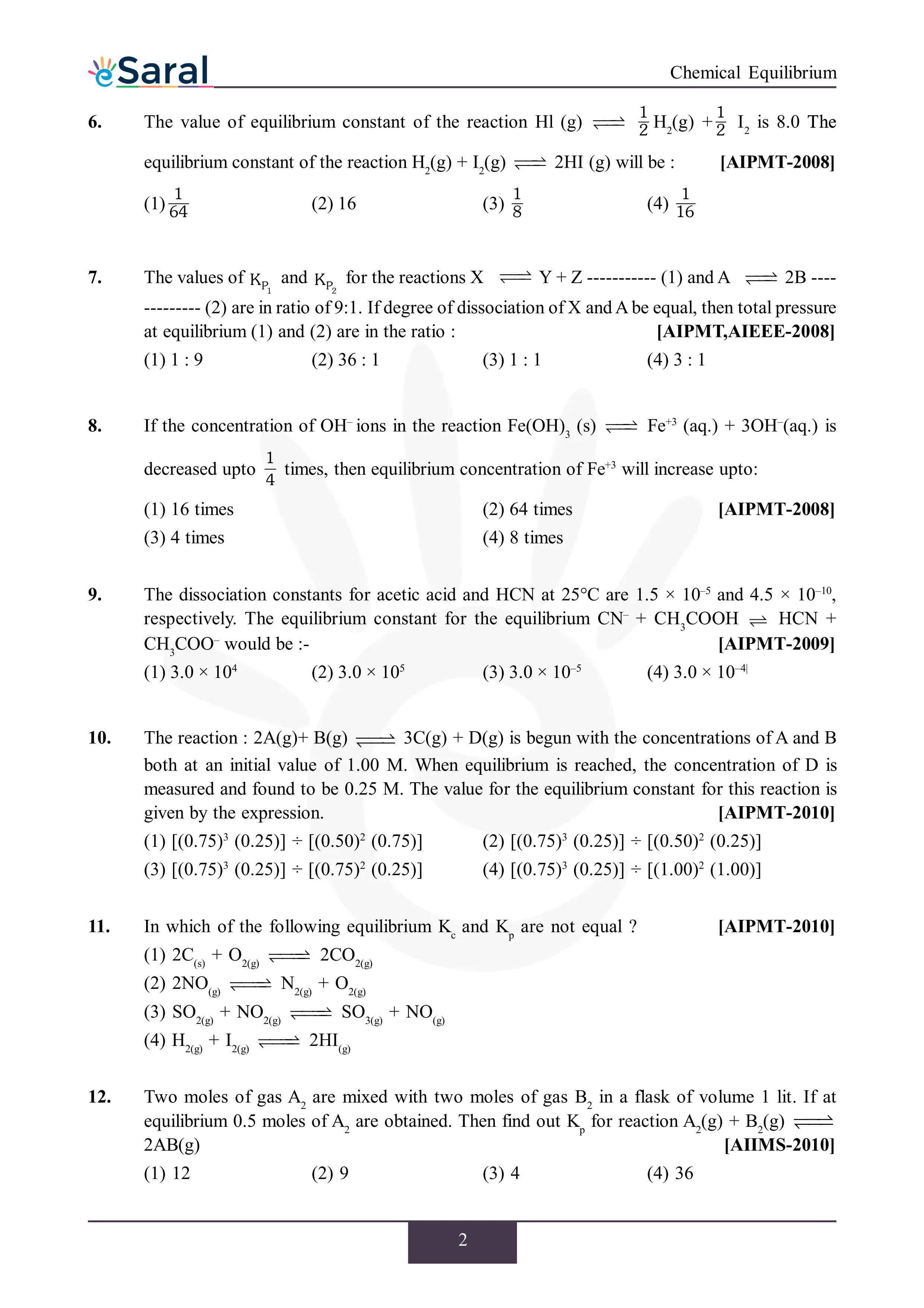 NEET PYQ Chemical Equilibrium