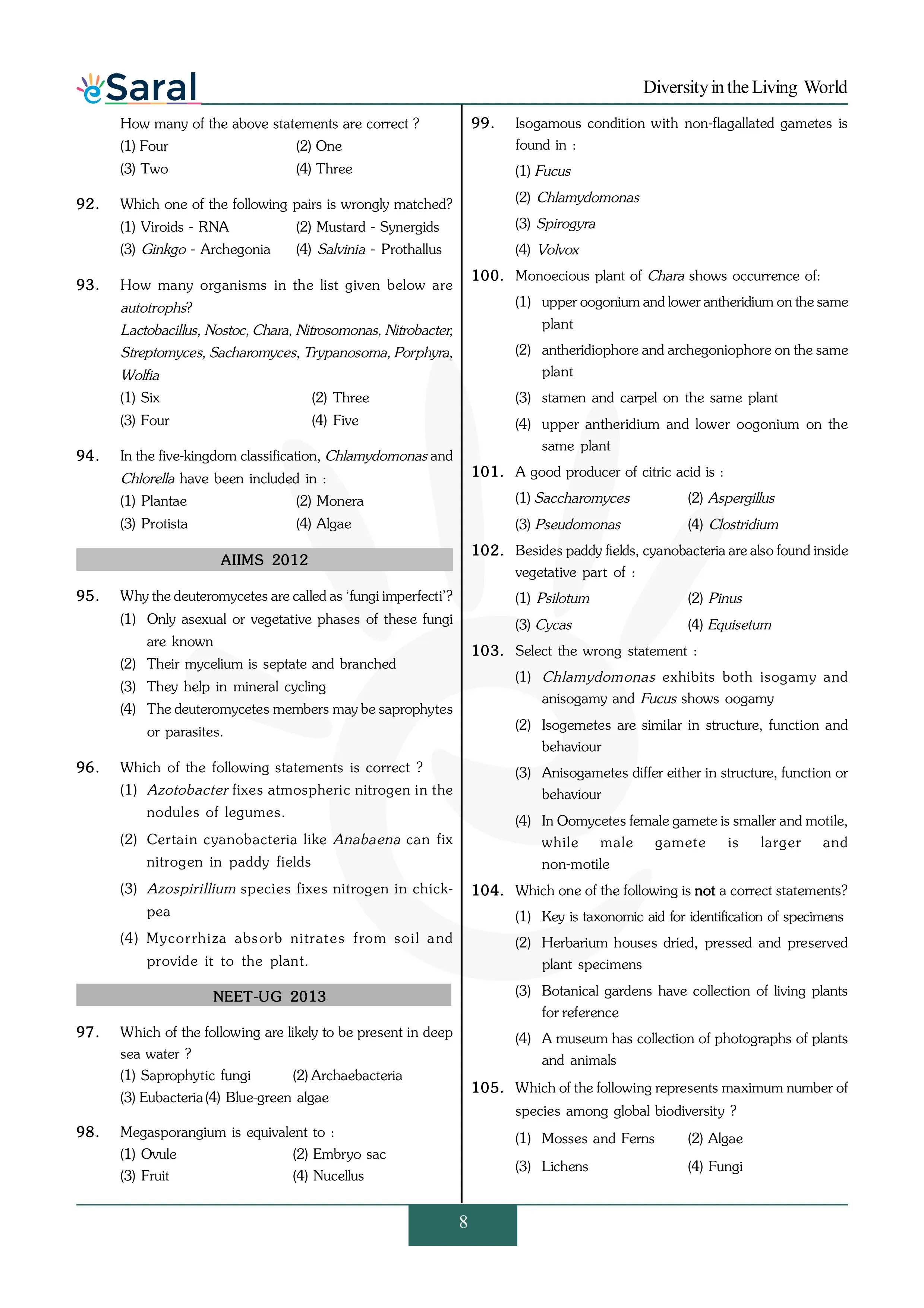 Diversity in the Living World - NEET Previous Year Questions with Complete Solutions