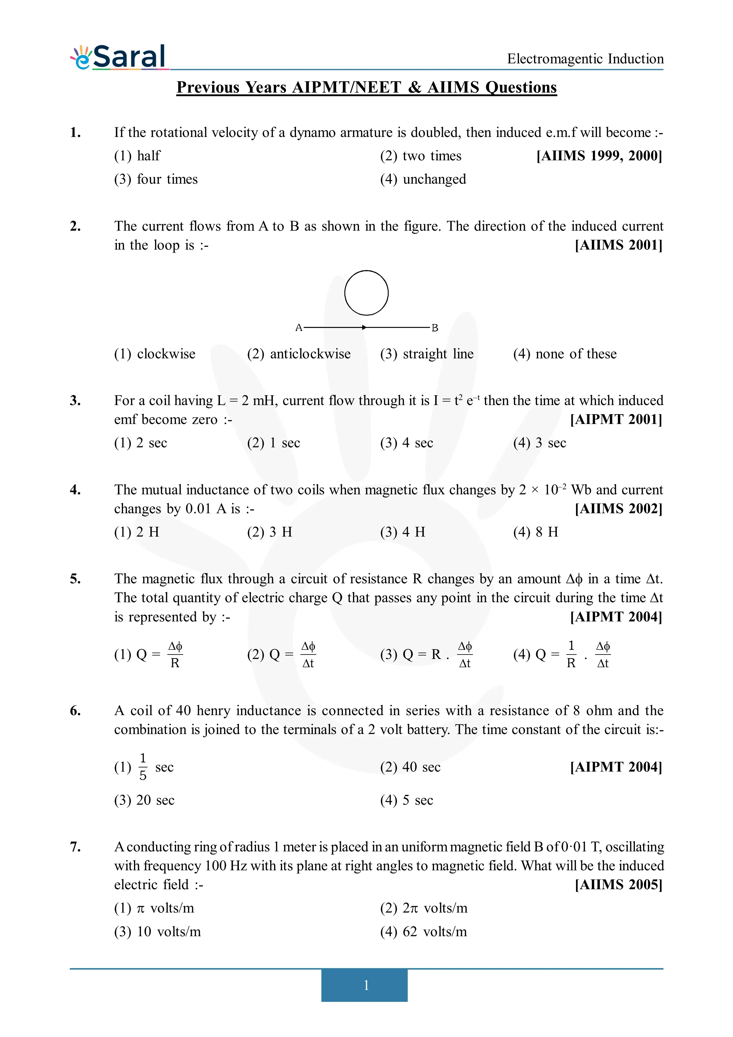 Electromagnetic Induction NEET PYQ | Solved Questions