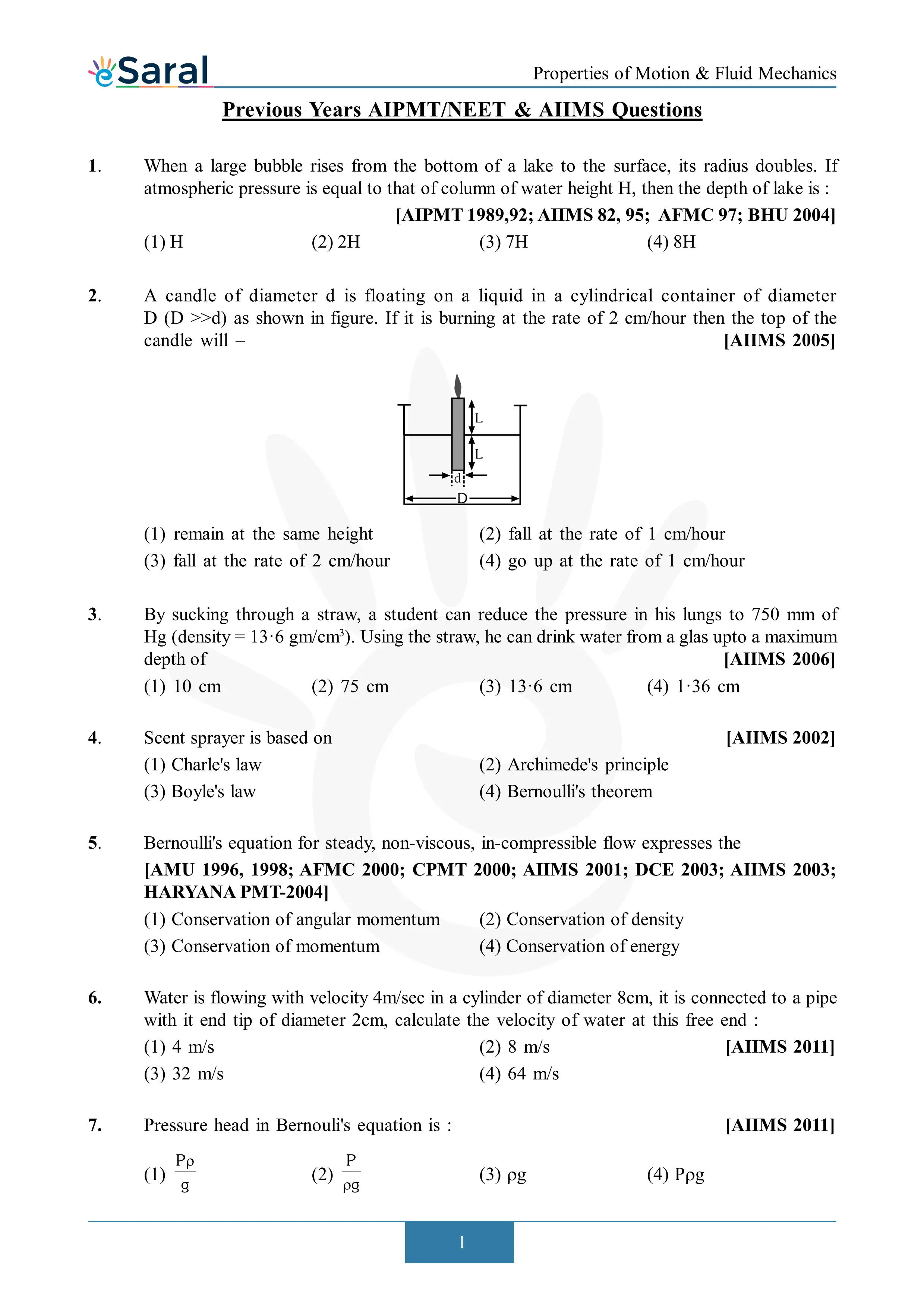 Fluid Mechanics -  NEET Previous Year Questions with Solutions