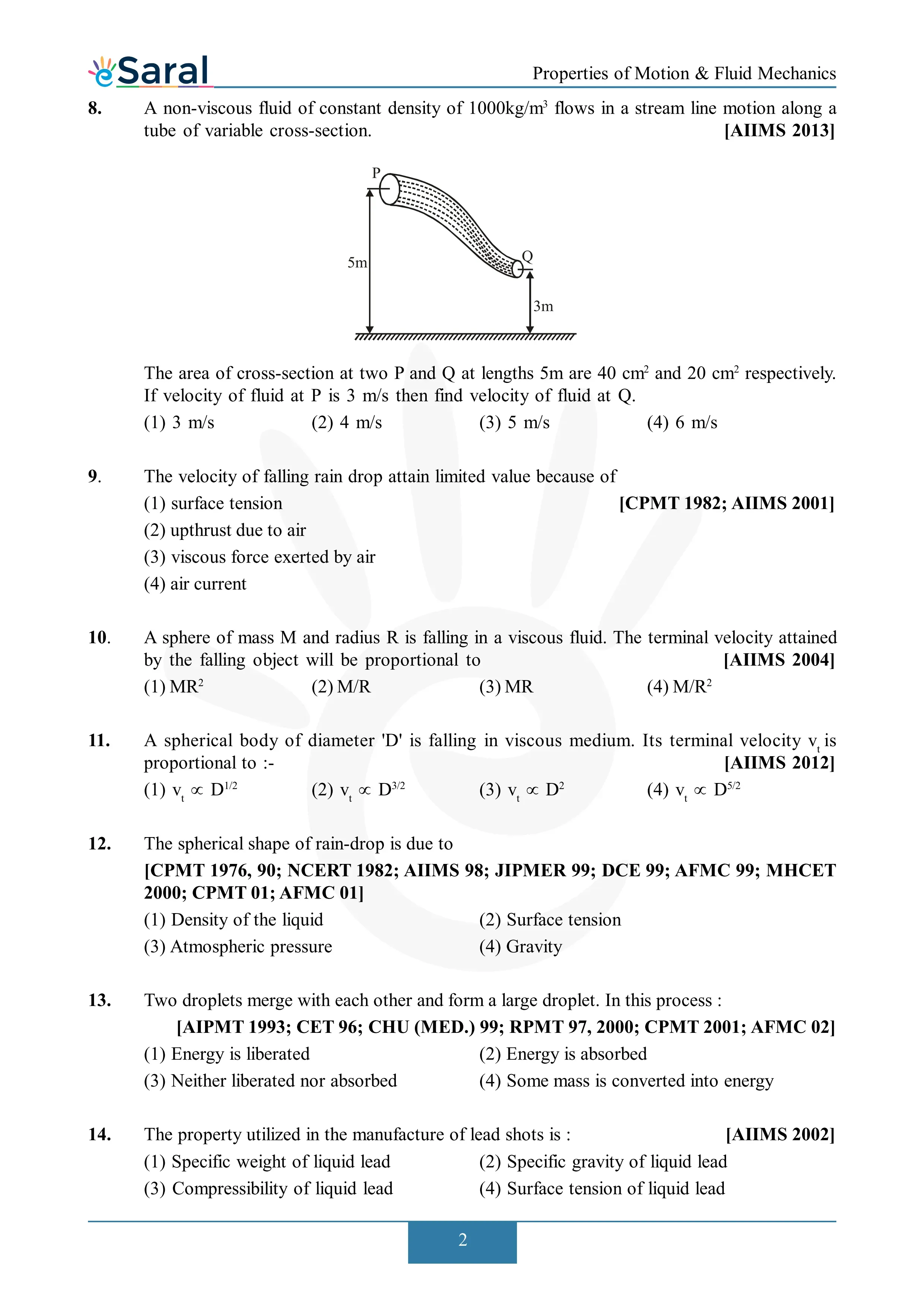 Fluid Mechanics -  NEET Previous Year Questions with Solutions