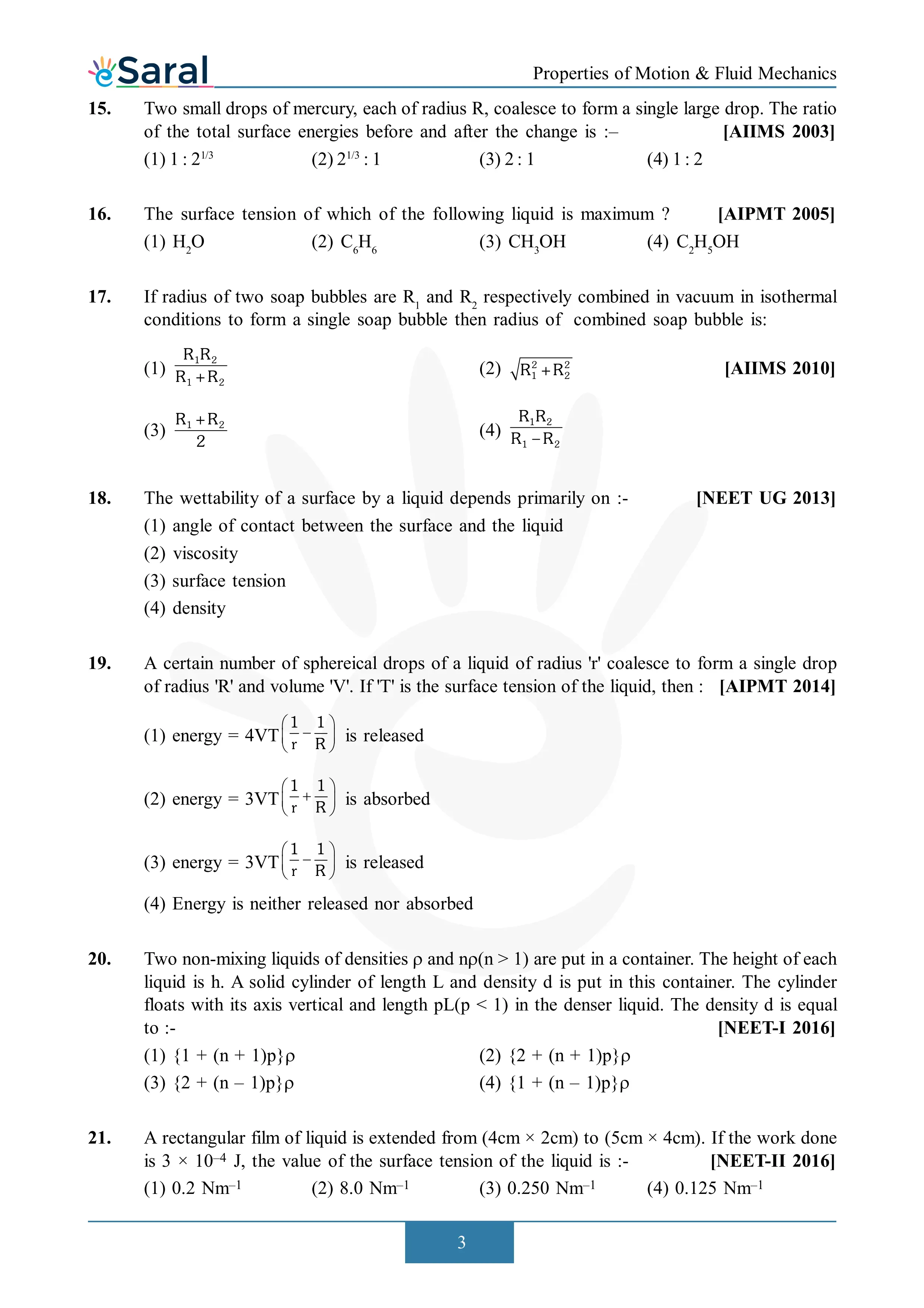 Fluid Mechanics -  NEET Previous Year Questions with Solutions