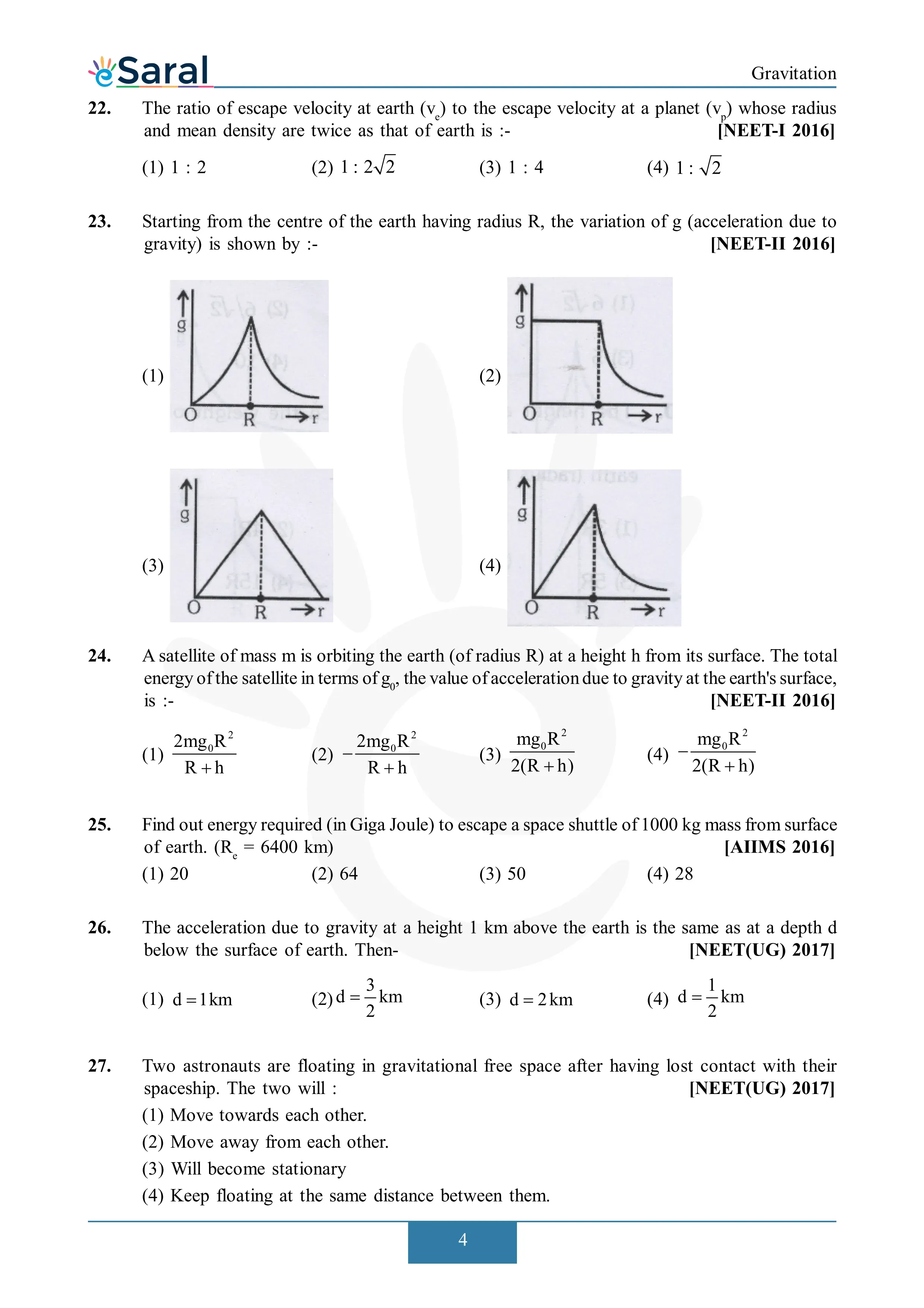 Gravitation - NEET Previous Year Questions with Solutions