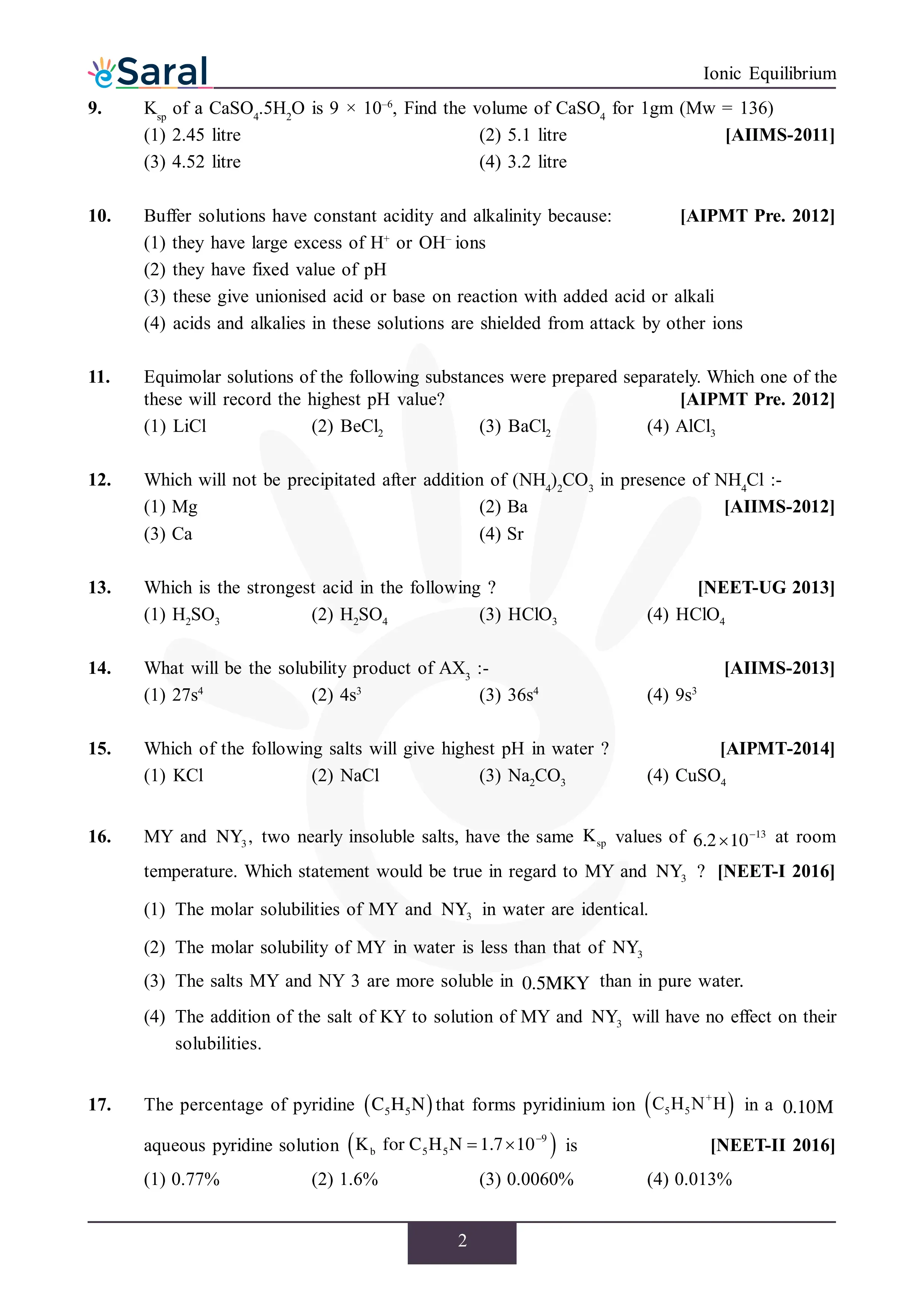 Ionic Equilibrium - NEET Previous Year Questions with Complete Solutions