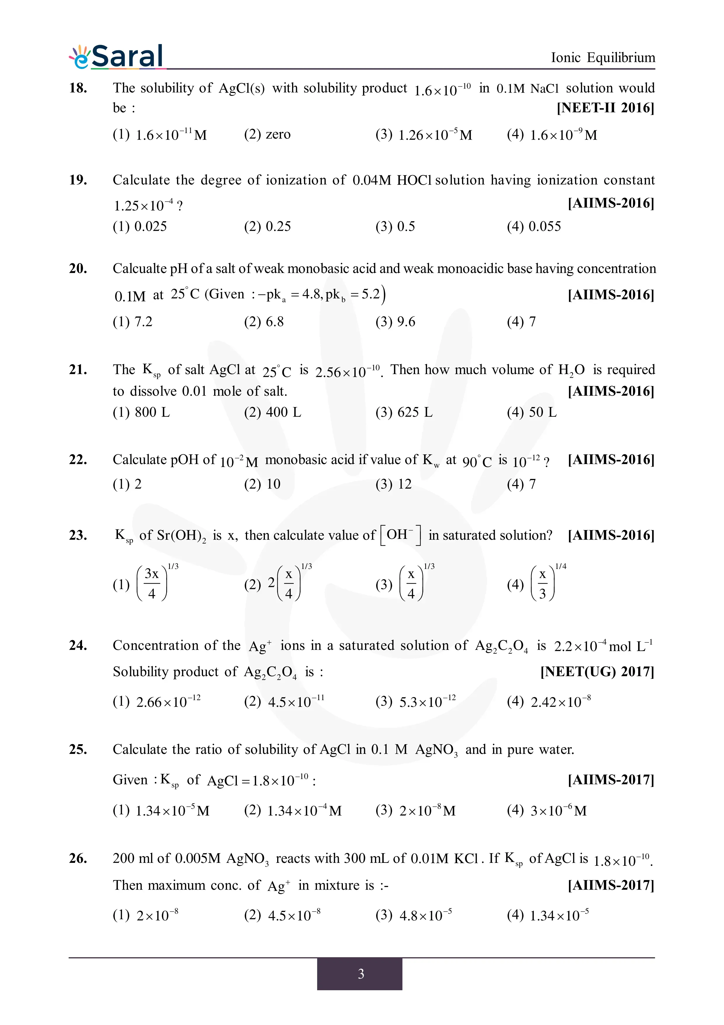 Ionic Equilibrium - NEET Previous Year Questions with Complete Solutions