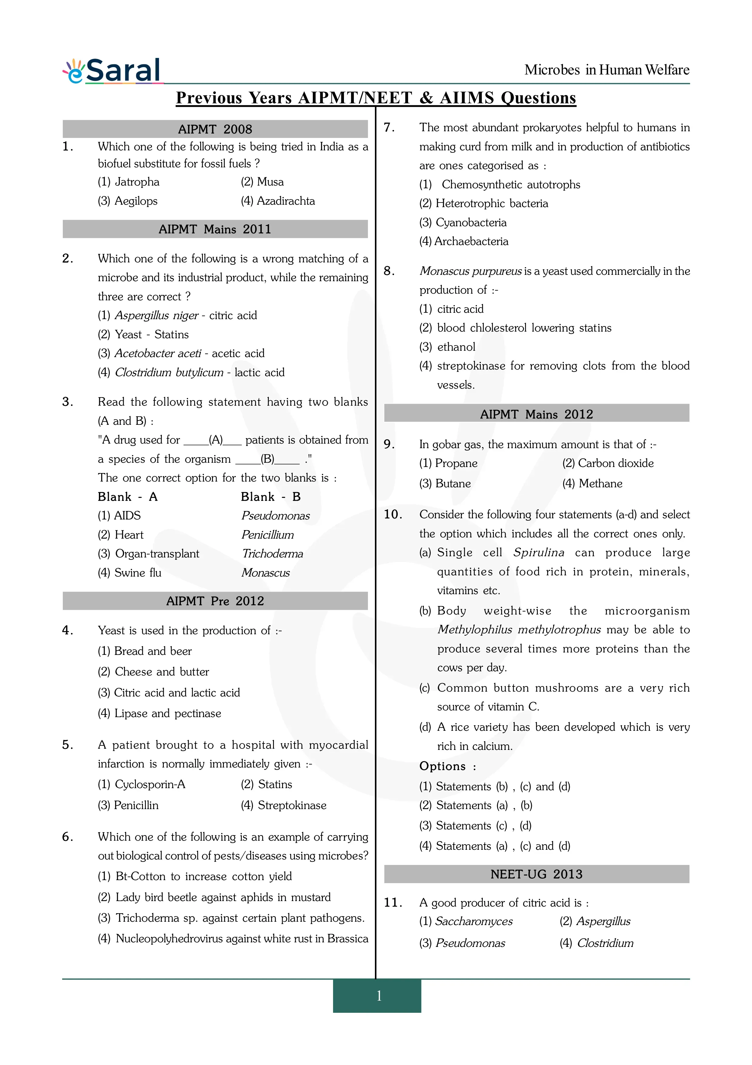 Microbes in Human Welfare - NEET Previous Year Questions with Complete Solutions