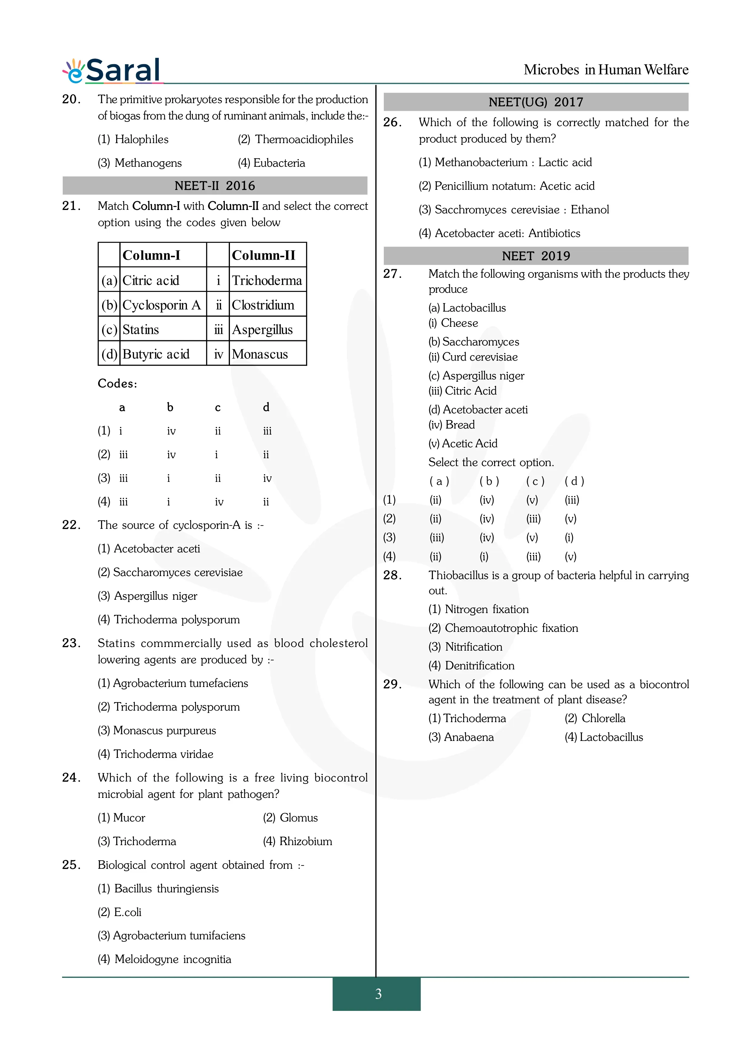 Microbes in Human Welfare - NEET Previous Year Questions with Complete Solutions