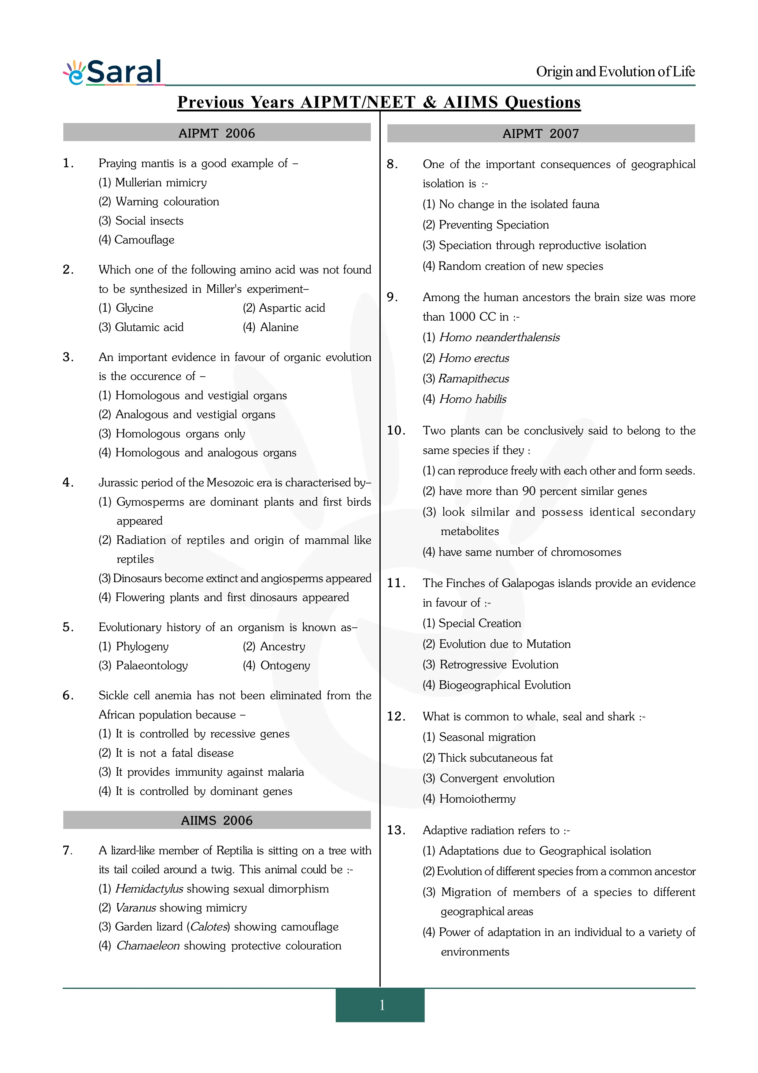 Origin and Evolution of Life - NEET Previous Year Questions with Complete Solutions