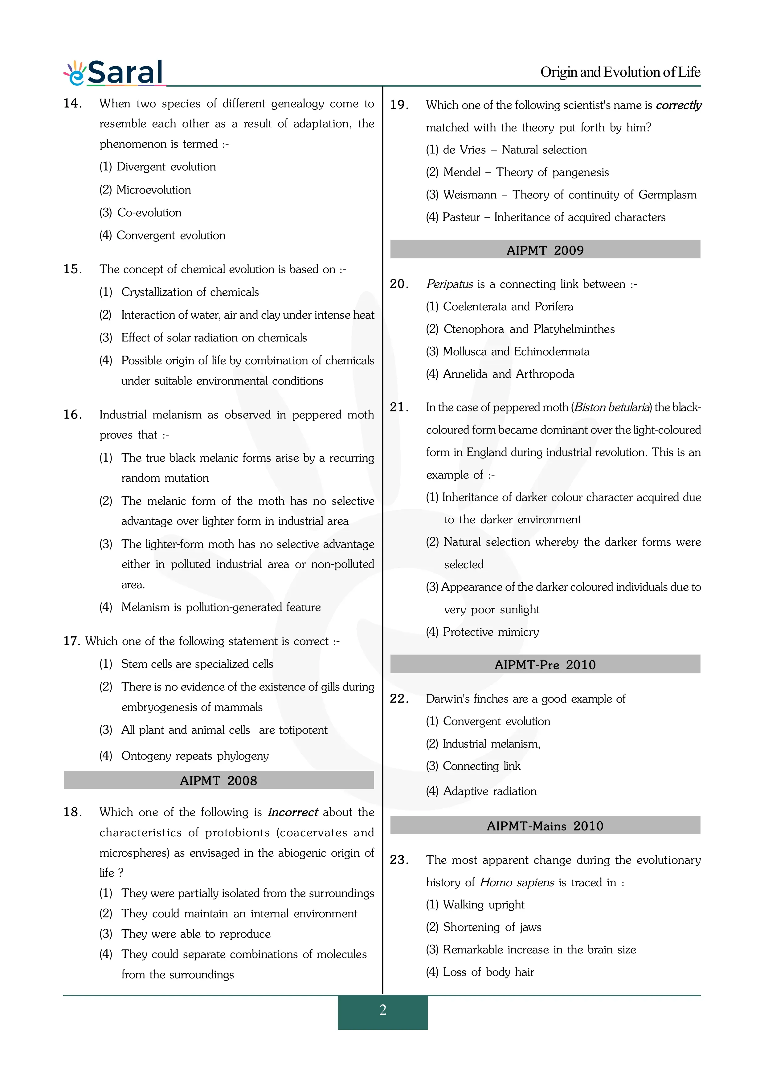 Origin and Evolution of Life - NEET Previous Year Questions with Complete Solutions