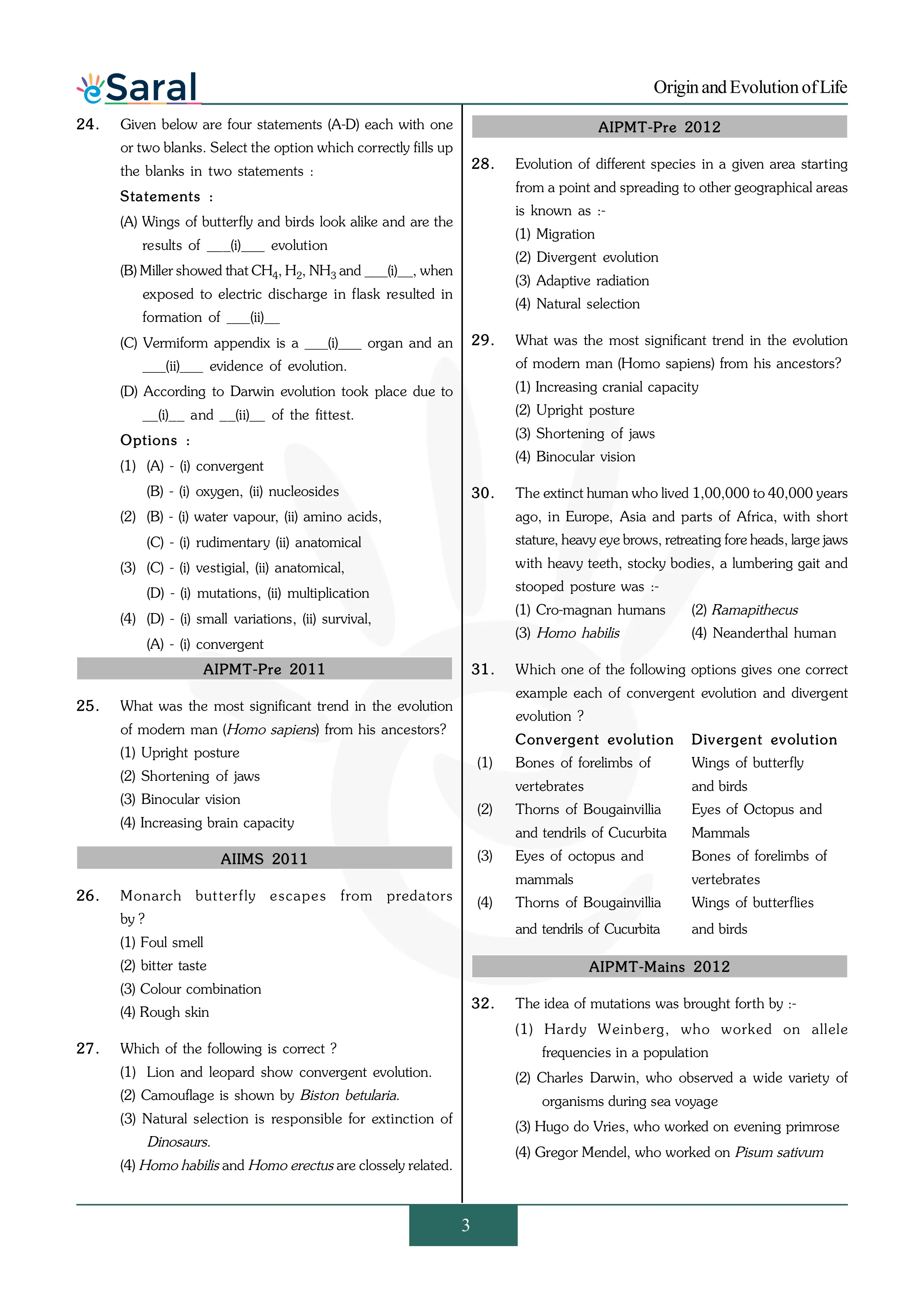 Origin and Evolution of Life - NEET Previous Year Questions with Complete Solutions