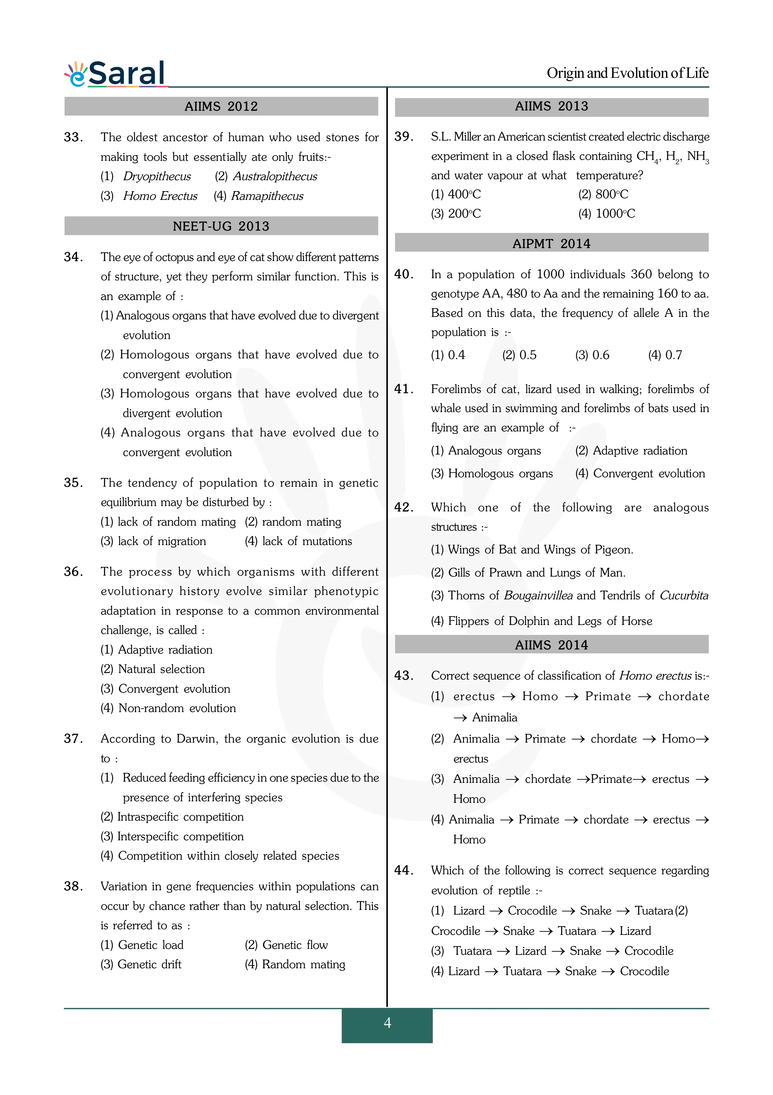 Origin and Evolution of Life - NEET Previous Year Questions with Complete Solutions