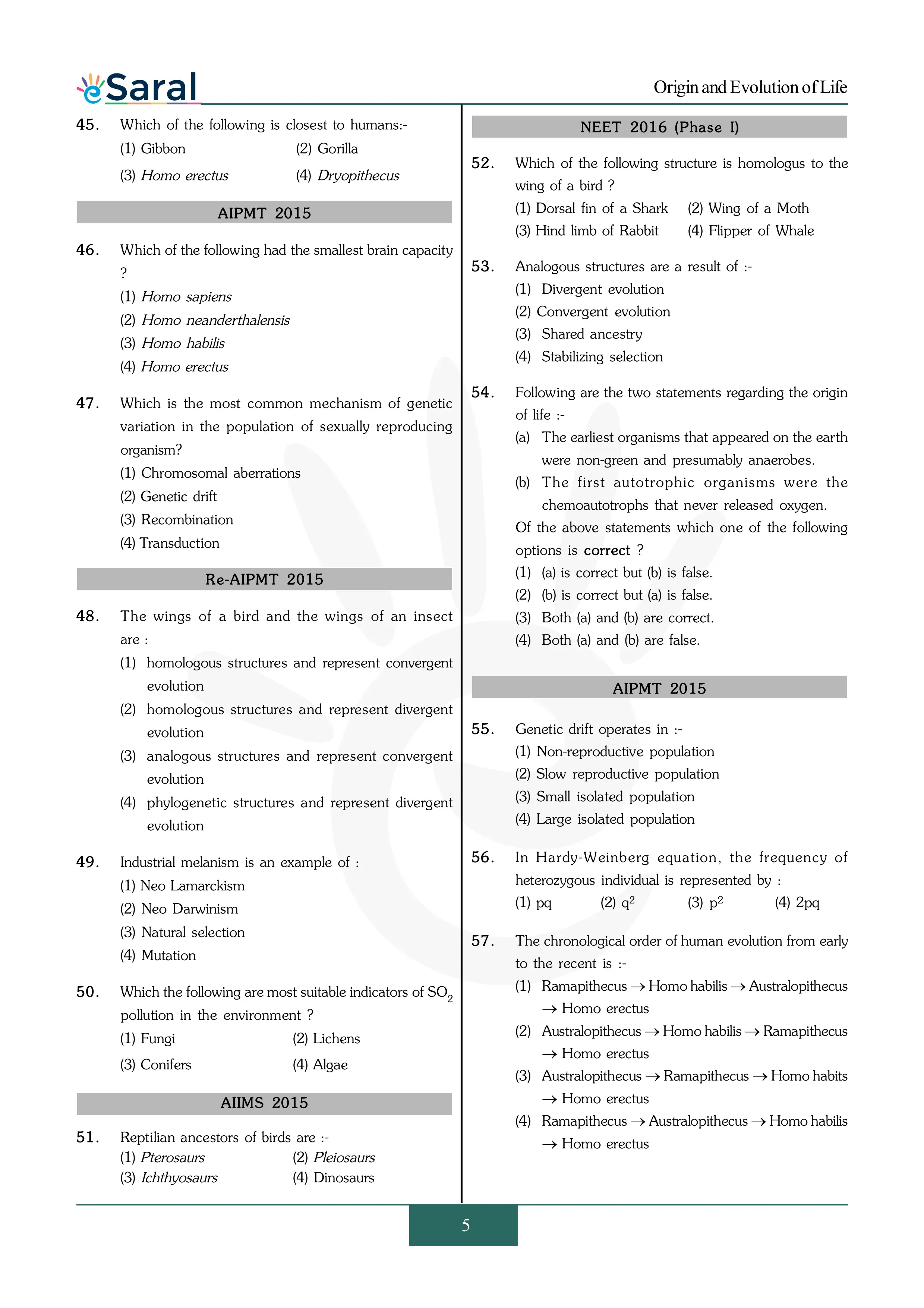 Origin and Evolution of Life - NEET Previous Year Questions with Complete Solutions