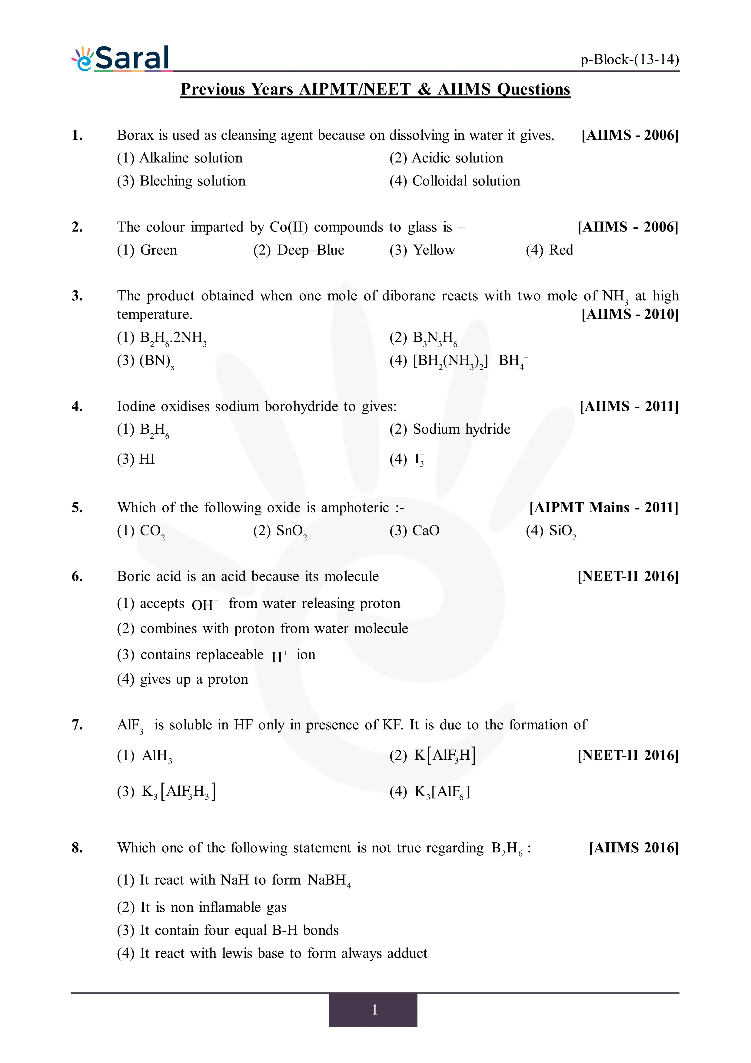 P-Block - NEET Previous Year Questions with Complete Solutions