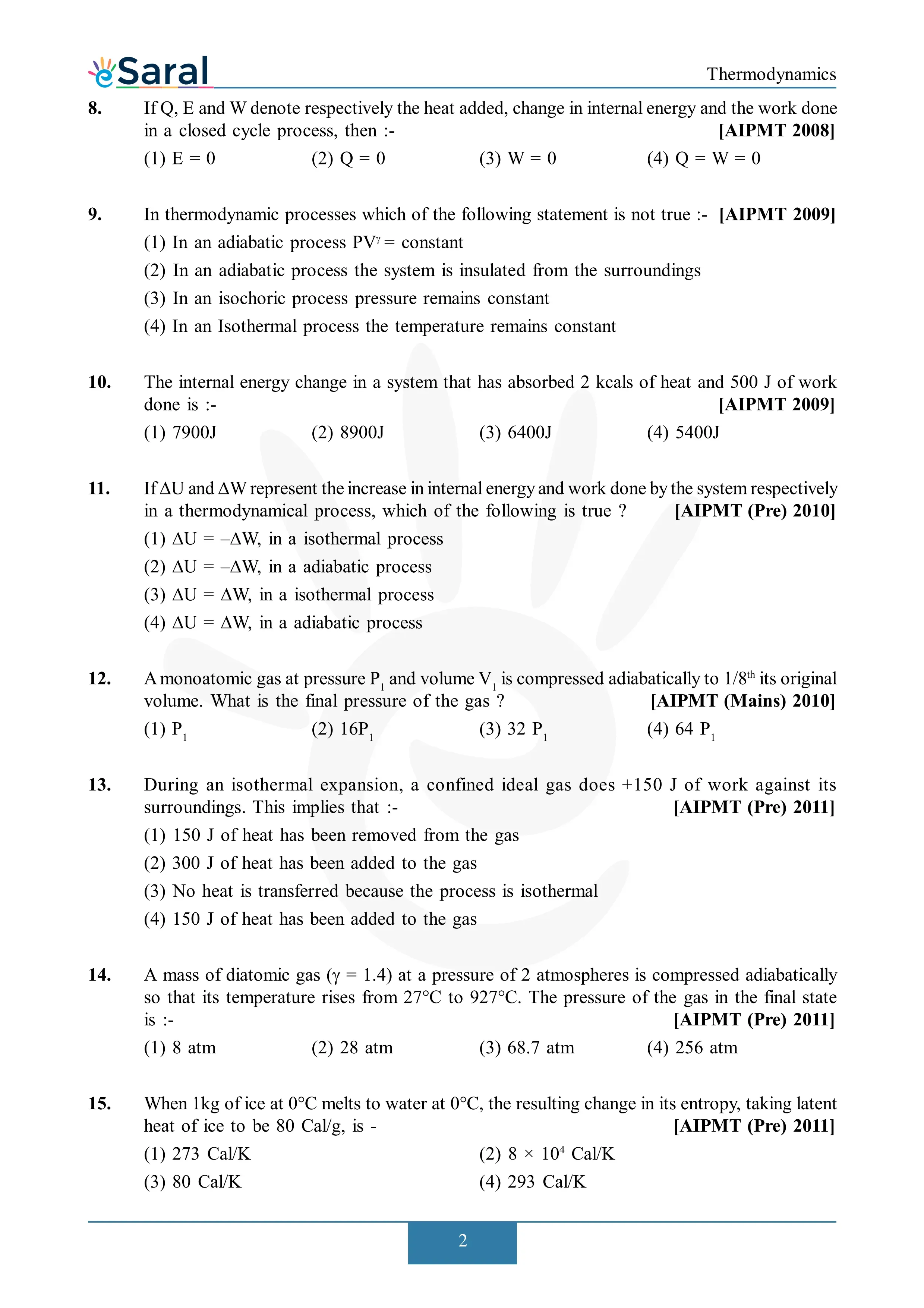 Thermodynamics - NEET Previous Year Questions with Complete Solutions