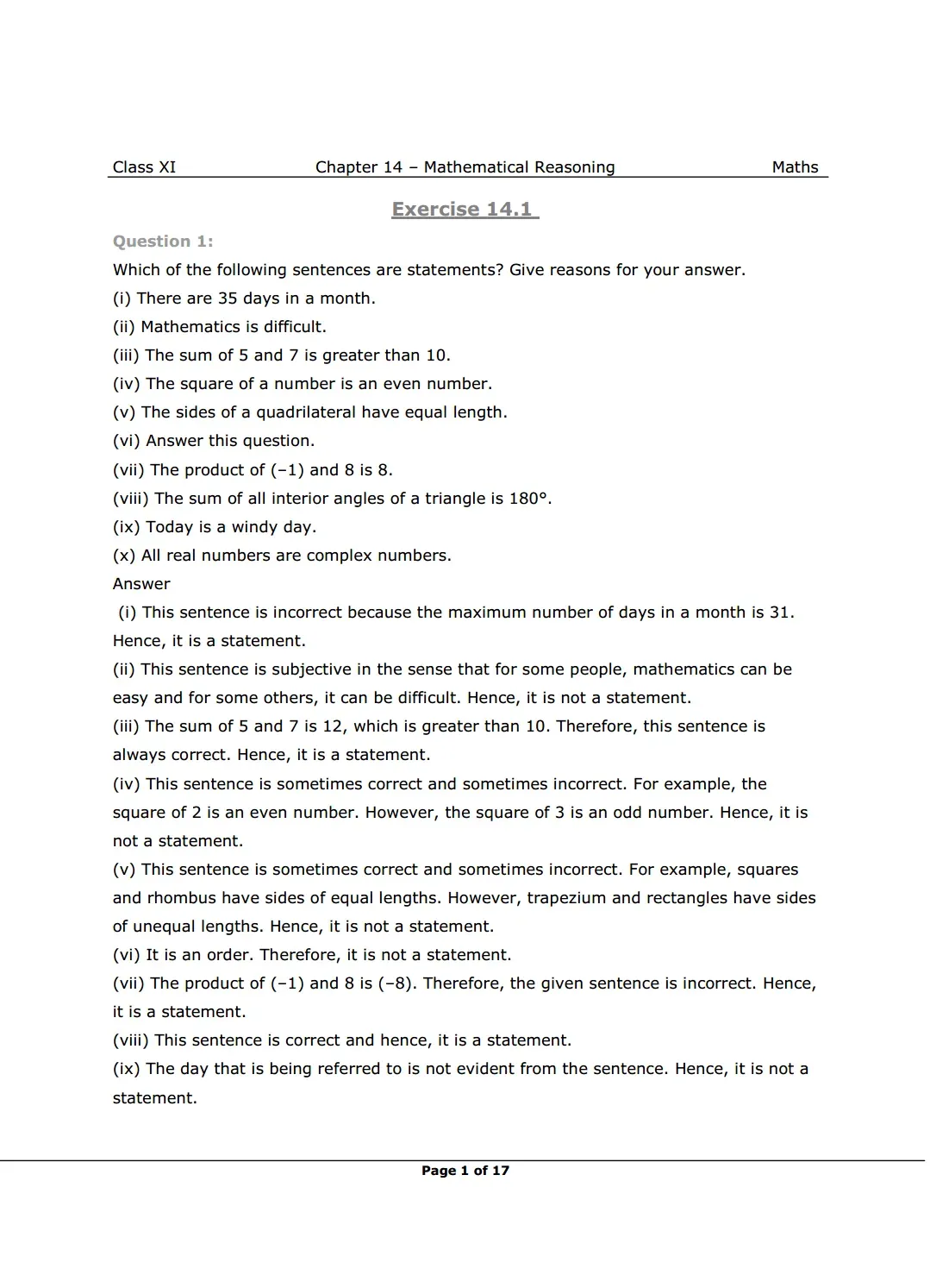 NCERT Class 11 Maths Chapter 14 Exercise 14.1 Solutions image 1