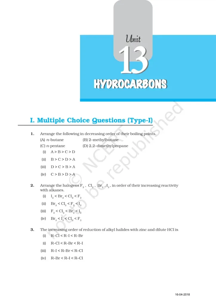 What Is NCERT Exemplar Class 11 Chemistry Chapter 13?   NCERT Exemplar Class 11 Chemistry Chapter 13 is a supplementary problem book published by the National Council of Educational Research and Training (NCERT). It is specifically designed to challenge students beyond standard NCERT textbook exercises and develop deeper conceptual understanding.  Chapter 13, titled Hydrocarbons, forms one of the most important chapters in organic chemistry for both CBSE Board exams and competitive exams like JEE Main and JEE Advanced. The Exemplar book for this chapter contains carefully graded questions — from straightforward multiple-choice problems to reasoning-based long answer questions — all mapped to the official CBSE Class 11 Chemistry syllabus.