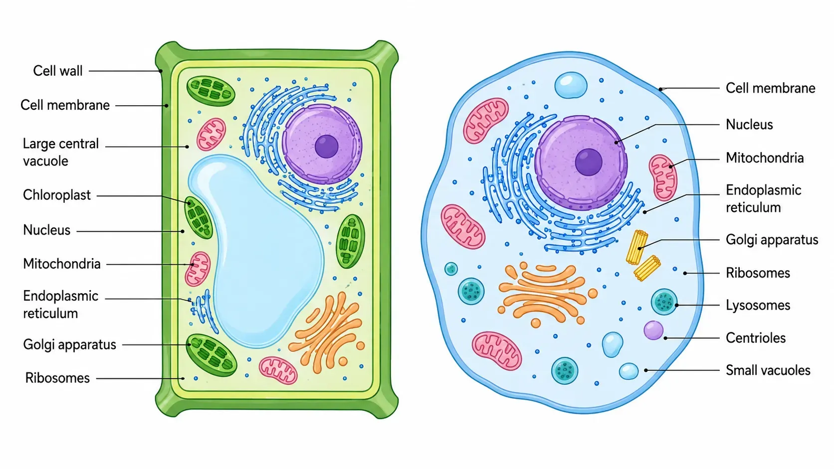 Plant cell and animal cell diagram labelled showing cell wall, chloroplast, vacuole, centrioles and lysosomes"