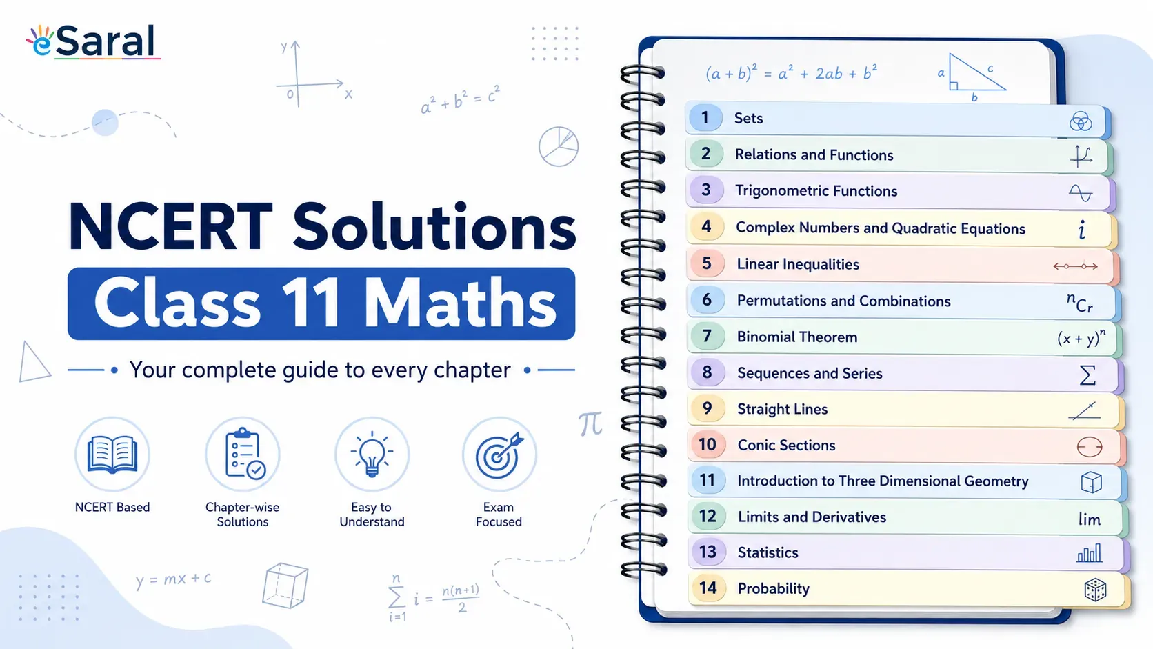 NCERT Solutions for Class 11 Maths: complete chapter-wise, exercise-wise solutions for all 14 chapters, with weightage table and key formulas.
